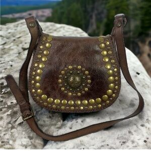 Patricia Nash Luciana Medallion Studded Leather Crossbody Saddlebag Dark Brown